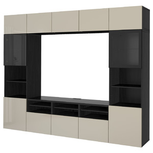 BESTÅ TV storage combination/glass doors, black-brown/Selsviken high-gloss/beige clear glass, 300x42x231 cm