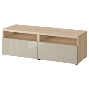 BESTÅ TV bench with drawers, white stained oak effect/Selsviken high-gloss/beige, 120x42x39 cm