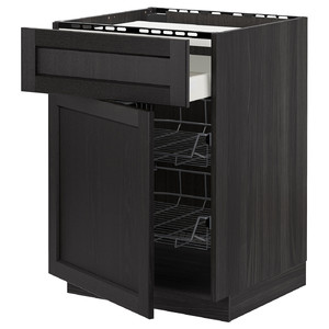 METOD / MAXIMERA Base cab f hob/drawer/2 wire bskts, black/Lerhyttan black stained, 60x60 cm