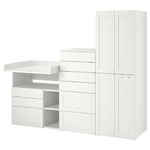 SMÅSTAD / PLATSA Storage combination, white with frame/with changing table, 210x79x181 cm