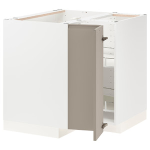 METOD Corner base cabinet with carousel, white/Upplöv matt dark beige, 88x88 cm