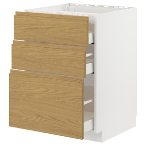 METOD / MAXIMERA Base cab f hob/3 fronts/3 drawers, white/Voxtorp oak effect, 60x60 cm