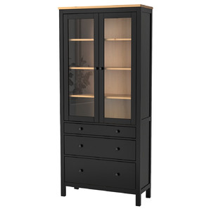 HEMNES Glass-door cabinet with 3 drawers, black-brown, light brown, 90x197 cm