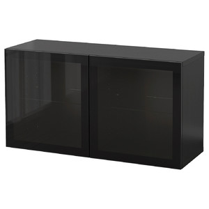 BESTÅ Wall-mounted cabinet combination, black-brown Glassvik/black clear glass, 120x42x64 cm