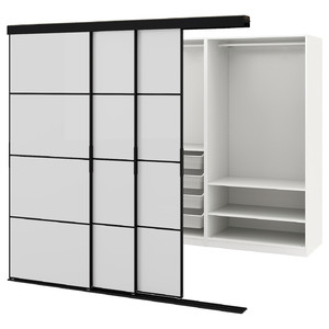 SKYTTA / PAX Walk-in wardrobe with sliding doors, black/Hokksund high-gloss light grey, 226x160x205 cm