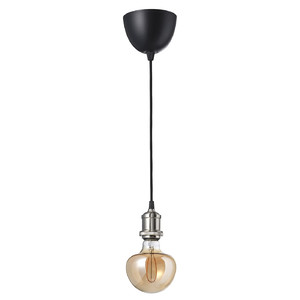 JÄLLBY / MOLNART Pendant lamp with light bulb, textile nickel-plated/mushroom brown clear glass