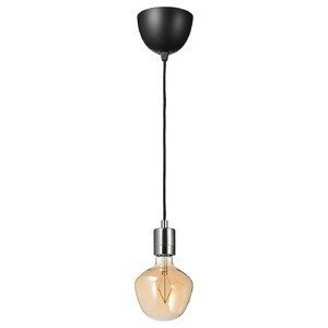 SKAFTET / MOLNART Pendant lamp with light bulb, nickel-plated bell-shaped/brown clear glass