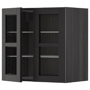 METOD Wall cabinet w shelves/2 glass drs, black/Lerhyttan black stained, 60x60 cm