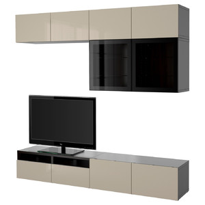 BESTÅ TV storage combination/glass doors, black-brown/Selsviken high-gloss/beige clear glass, 240x42x231 cm