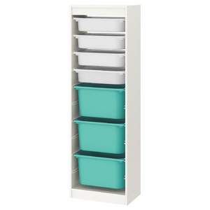 TROFAST Storage combination with boxes, white, white turquoise, 46x30x145 cm