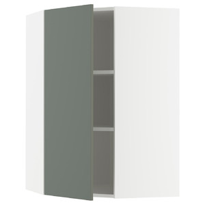 METOD Corner wall cabinet with shelves, white/Nickebo matt grey-green, 68x100 cm