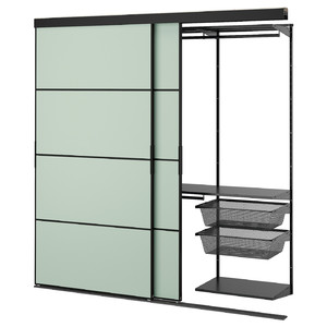 SKYTTA / BOAXEL Reach-in wardrobe with sliding door, black metal/Mehamn light green, 202x65x205 cm