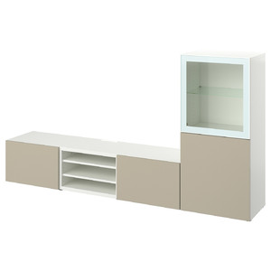 BESTÅ TV storage combination/glass doors, white/Selsviken high-gloss/beige clear glass, 240x42x129cm