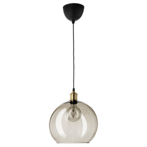 JAKOBSBYN / JÄLLBY Pendant lamp, smoked glass, brass-plated