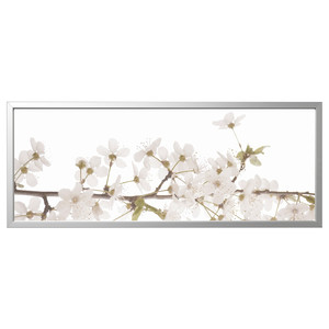 BJÖRKSTA Picture with frame, white flowers/aluminium-colour, 140x56 cm