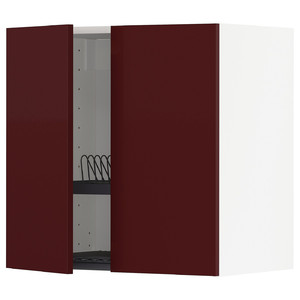METOD Wall cabinet w dish drainer/2 doors, white Kallarp/high-gloss dark red-brown, 60x60 cm