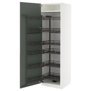 METOD High cabinet with pull-out larder, white/Nickebo matt grey-green, 60x60x200 cm