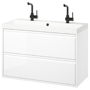 ÄNGSJÖN / BACKSJÖN Wash-stnd w drawers/wash-basin/taps, high-gloss white, 100x48x69 cm