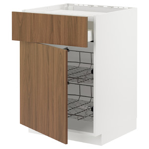 METOD/MAXIMERA Base cab f hob/drawer/2 wire bskts, white/Tistorp brown walnut effect, 60x60 cm