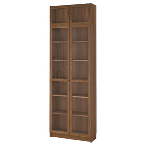 BILLY / OXBERG Bookcase w glass doors/ext unit, brown walnut effect/clear glass, 80x30x237 cm