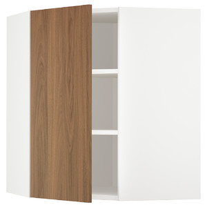 METOD Corner wall cabinet with shelves, white/Tistorp brown walnut effect, 68x80 cm