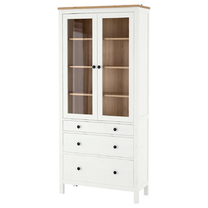 HEMNES Glass-door cabinet with 3 drawers, white stain, light brown, 90x197 cm