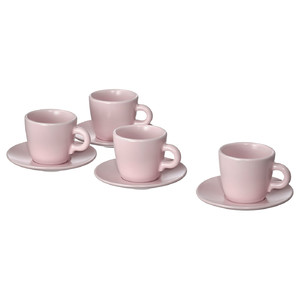 FÄRGKLAR Cup with saucer, matt light pink, 7 cl, 4 pack