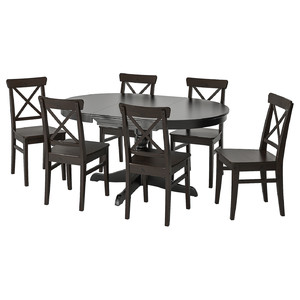 INGATORP / INGOLF Table and 6 chairs, black/brown-black, 110/155 cm