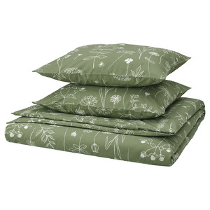 SLÅNGULDMAL Duvet cover and 2 pillowcases, green/floral pattern, 200x200/50x60 cm