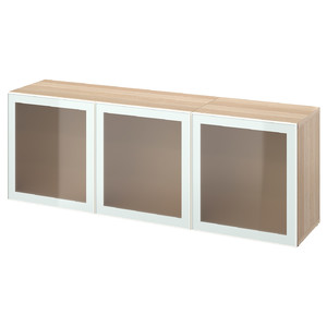 BESTÅ Storage combination with doors, white stained oak effect Glassvik/white/light green frosted glass, 180x42x65 cm