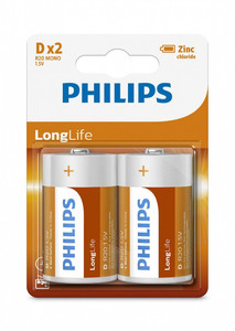 Philips LongLife Zinc-Carbon R20 Battery 1.5V 2 Pack