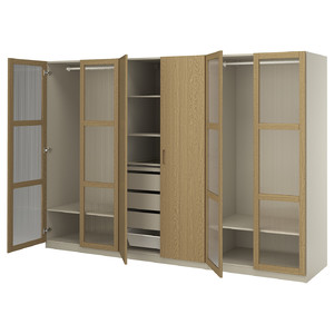 PAX / TONSTAD Wardrobe combination, grey-beige/oak veneer glass, 300x60x201 cm