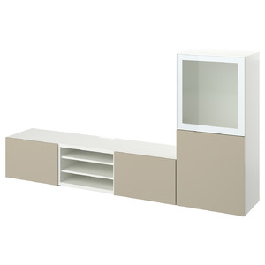 BESTÅ TV storage combination/glass doors, white/Selsviken high-gloss/beige frosted glass, 240x42x129 cm