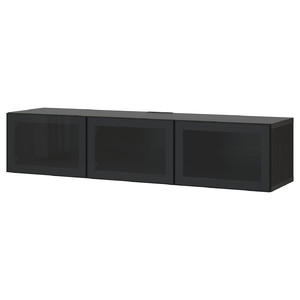 BESTÅ TV bench with doors, black-brown, Glassvik smoked glass, 180x42x38 cm