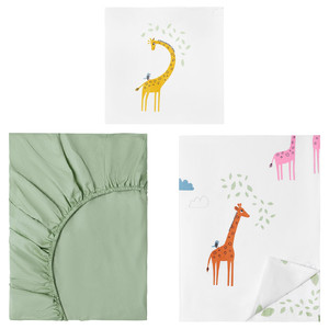 BERGFINK 3-piece bedlinen set with bag, green giraffe, 150x200/50x60 cm