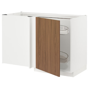 METOD Corner base cab w pull-out fitting, white/Tistorp brown walnut effect, 128x68 cm