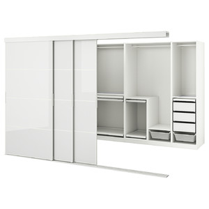 SKYTTA / PAX Walk-in wardrobe with sliding doors, white Hokksund/high-gloss light grey, 301x160x205 cm