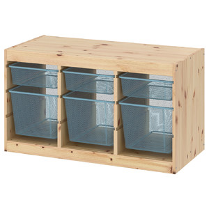 TROFAST Storage combination with boxes, light white stained pine/grey-blue, 93x44x52 cm