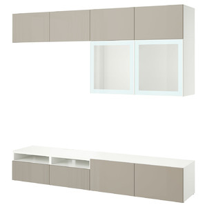 BESTÅ TV storage combination/glass doors, white/Selsviken high-gloss/beige frosted glass, 240x42x231 cm