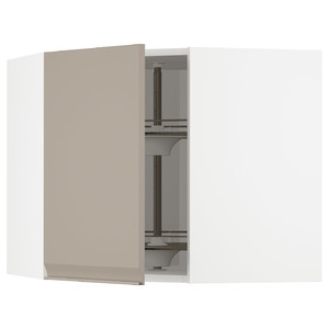 METOD Corner wall cabinet with carousel, white/Upplöv matt dark beige, 68x60 cm