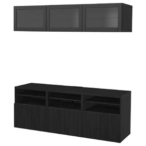 BESTÅ TV storage combination/glass doors, black-brown/Lappviken black-brown clear glass, 180x42x192 cm