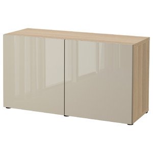 BESTÅ Storage combination with doors, white stained oak effect, Selsviken high-gloss/beige, 120x42x65 cm