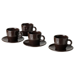 FÄRGKLAR Cup with saucer, 7 cl, glossy brown, 4 pack