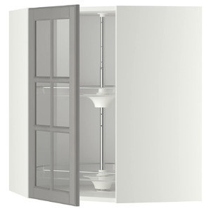 METOD Corner wall cab w carousel/glass dr, white/Bodbyn grey, 68x80 cm