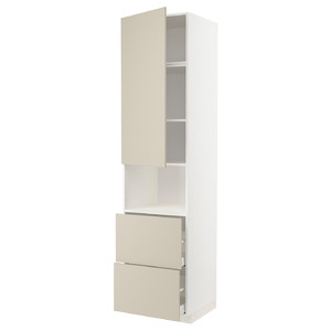 METOD / MAXIMERA Hi cab f micro w door/2 drawers, white/Havstorp beige, 60x60x240 cm