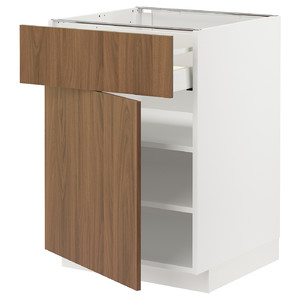 METOD/MAXIMERA Base cabinet with drawer/door, white/Tistorp brown walnut effect, 60x60 cm