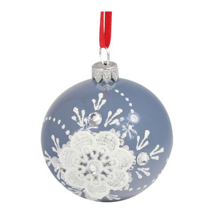 Christmas Bauble 10 cm, glass, lace, blue-white