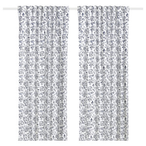 DOVREFIBBLOR Curtains, 1 pair, white/dark blue, 145x300 cm