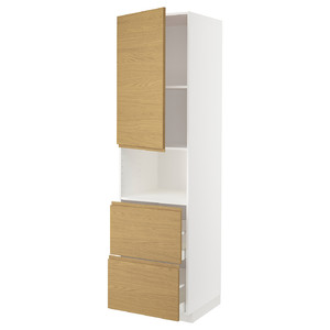 METOD / MAXIMERA Hi cab f micro w door/2 drawers, white/Voxtorp oak effect, 60x60x220 cm