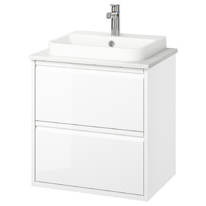 ÄNGSJÖN / BACKSJÖN Wash-stnd w drawers/wash-basin/tap, high-gloss white/white marble effect, 62x49x71 cm